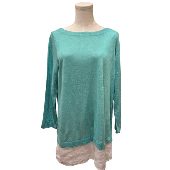 J Jill Love Linen 100% Linen Blue Green Tunic Crewneck Layered 3/4 Sleeves Small - Picture 1 of 9